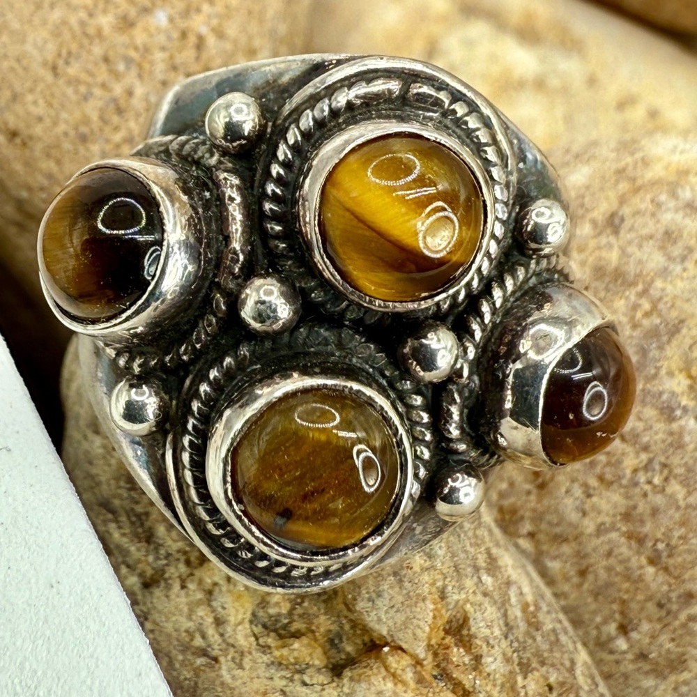 Sterling Silver 4 Stone Tiger’s Eye Cabochon Ring Size 8 Statement Chatoyancy